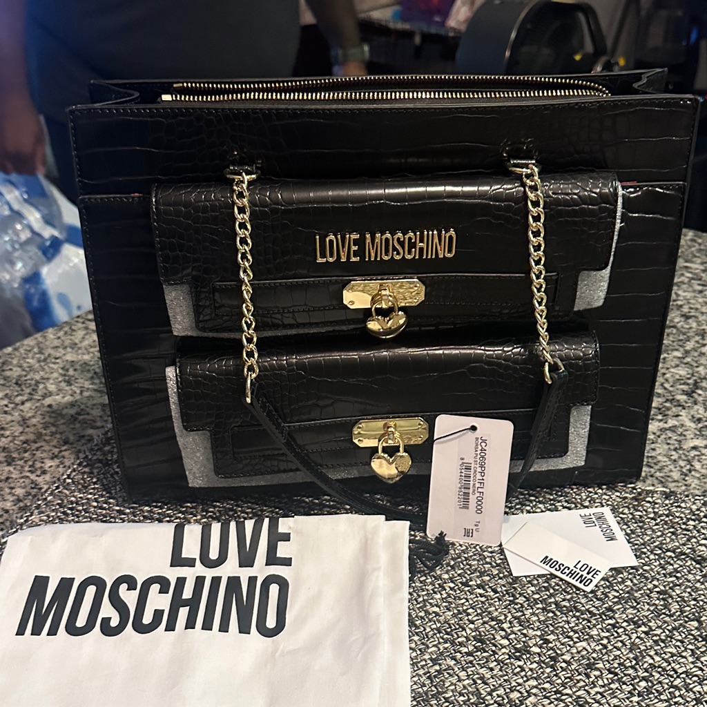 Love Moschino Black Croc-Embossed Shoulder Bag With Gold Hardware